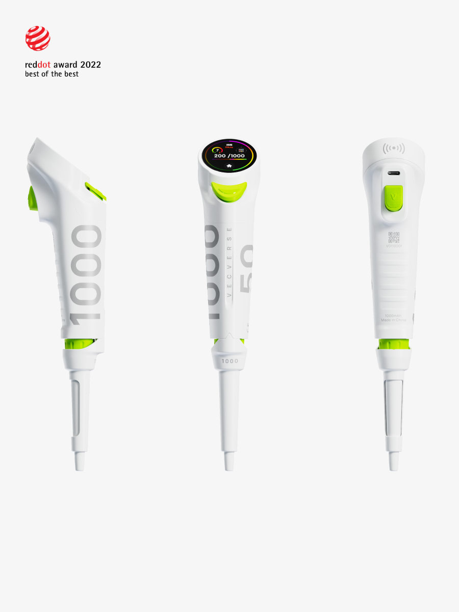An intelligent single-channel pipette by vecverse (volume range: 50-1000μL, auto-calibration function), showcasing side, front (with digital display), and back views. Suitable for micro-volume liquid operations like bulk reagent transfer in molecular experiments, large-sample-volume detection reagent addition; won Red Dot Award 2022 "Best of the Best".