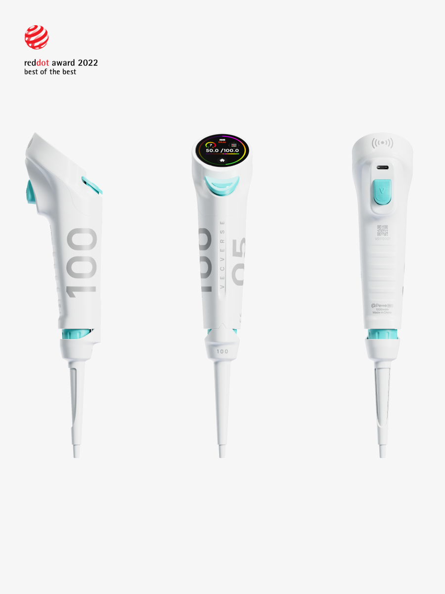 An intelligent single-channel pipette by vecverse (volume range: 5-100μL, auto-calibration function), showcasing side, front (with digital display), and back views. Suitable for micro-volume liquid operations like medium-volume enzyme reagent transfer, protein sample gradient dilution; won Red Dot Award 2022 "Best of the Best".