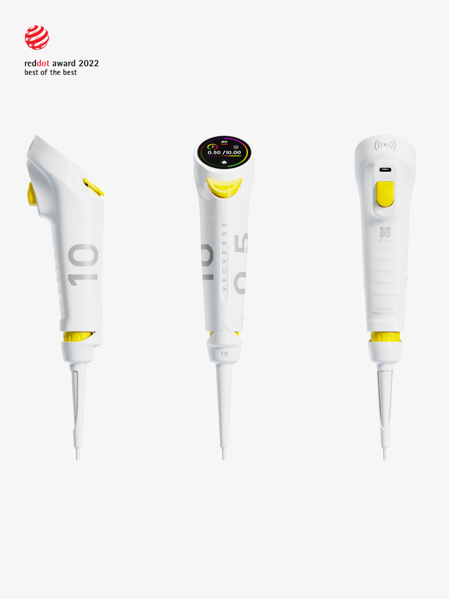 An intelligent single-channel pipette by vecverse (volume range: 0.5-10μL, auto-calibration function), showcasing side, front (with digital display), and back views. Suitable for micro-volume liquid operations like small-system PCR primer addition, nucleic acid sample micro-dilution; won Red Dot Award 2022 "Best of the Best".