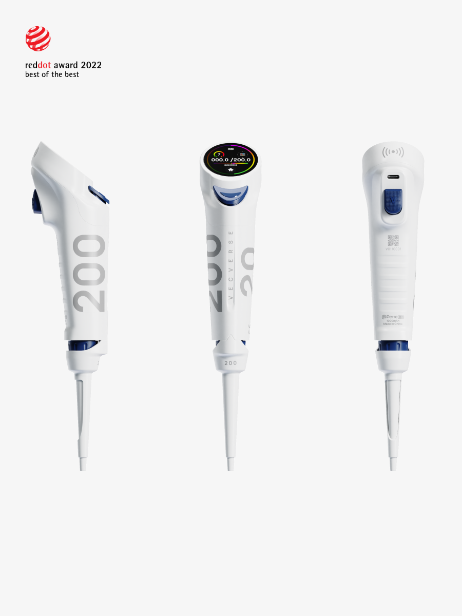 An intelligent single-channel pipette by vecverse (volume range: 20-200μL, auto-calibration function), showcasing side, front (with digital display), and back views. Suitable for micro-volume liquid operations like routine ELISA sample loading, standard solution aliquoting; won Red Dot Award 2022 "Best of the Best".