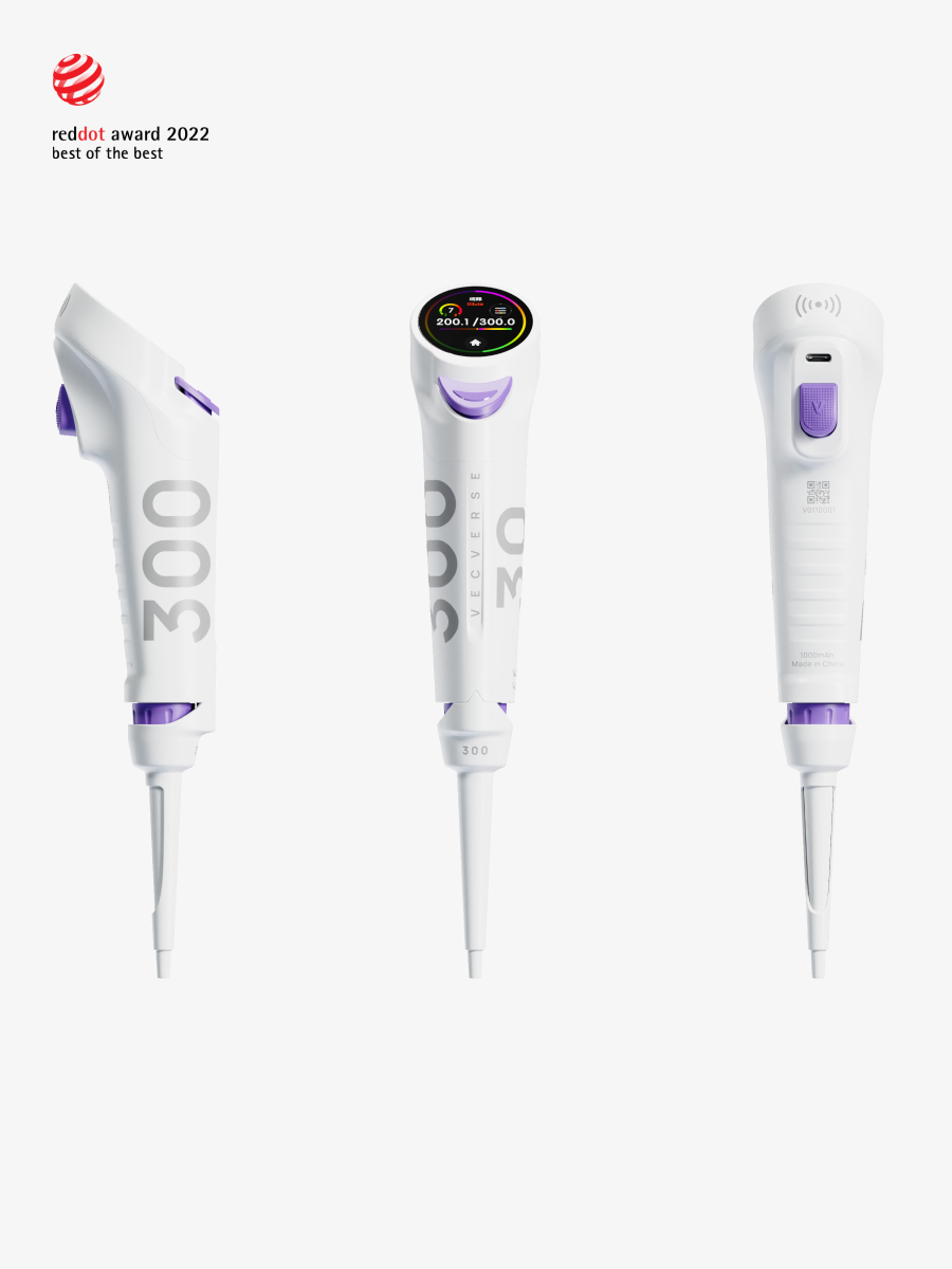An intelligent single-channel pipette by vecverse (volume range: 30-300μL, auto-calibration function), showcasing side, front (with digital display), and back views. Suitable for micro-volume liquid operations like large-system PCR reaction preparation, cell culture medium small-volume distribution; won Red Dot Award 2022 "Best of the Best".