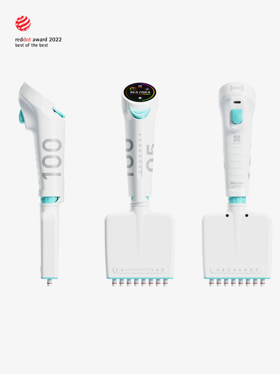 An intelligent 8-channel pipette by vecverse (volume range: 5-100μL, auto-calibration function), showcasing side, front (with digital display), and back views. Suitable for batch micro-volume liquid operations like nucleic acid amplification reaction setup, small-volume enzyme reagent distribution; won Red Dot Award 2022 "Best of the Best".