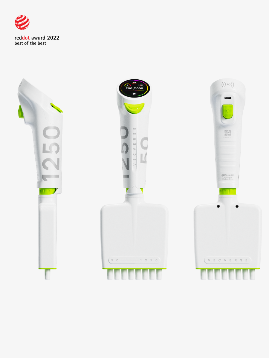 An intelligent 8-channel pipette by vecverse (volume range: 50-1250μL, auto-calibration function), showcasing side, front (with digital display), and back views. Suitable for batch micro-volume liquid operations like bulk reagent transfer in molecular experiments, large-sample-volume ELISA detection; won Red Dot Award 2022 "Best of the Best".