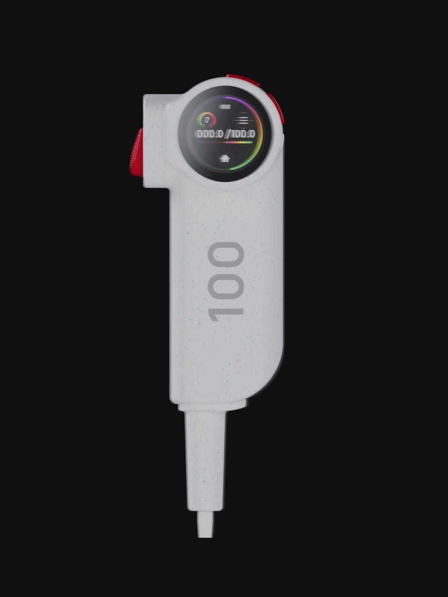 An intelligent single - channel pipette by vecverse, powered by AI large - model & smart voice assistant. Displayed in 360° spin, 5 - 100μL range. Suited for enzyme reagent transfer, protein sample gradient dilution.