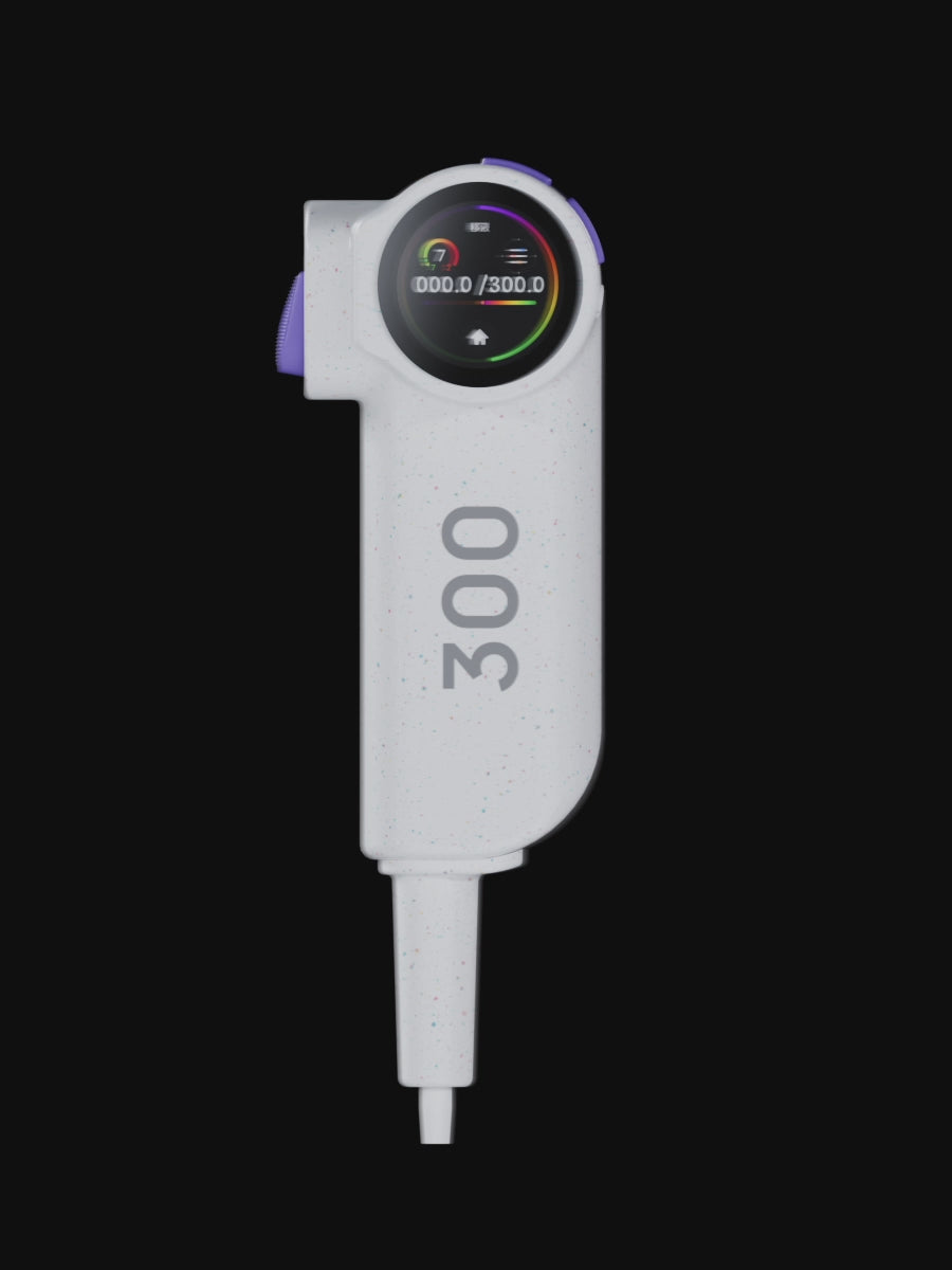 An intelligent single - channel pipette by vecverse, integrated with AI large - model & smart voice assistant. Shown in 360° spin, 30 - 300μL range. For large - system PCR prep, cell culture medium distribution.