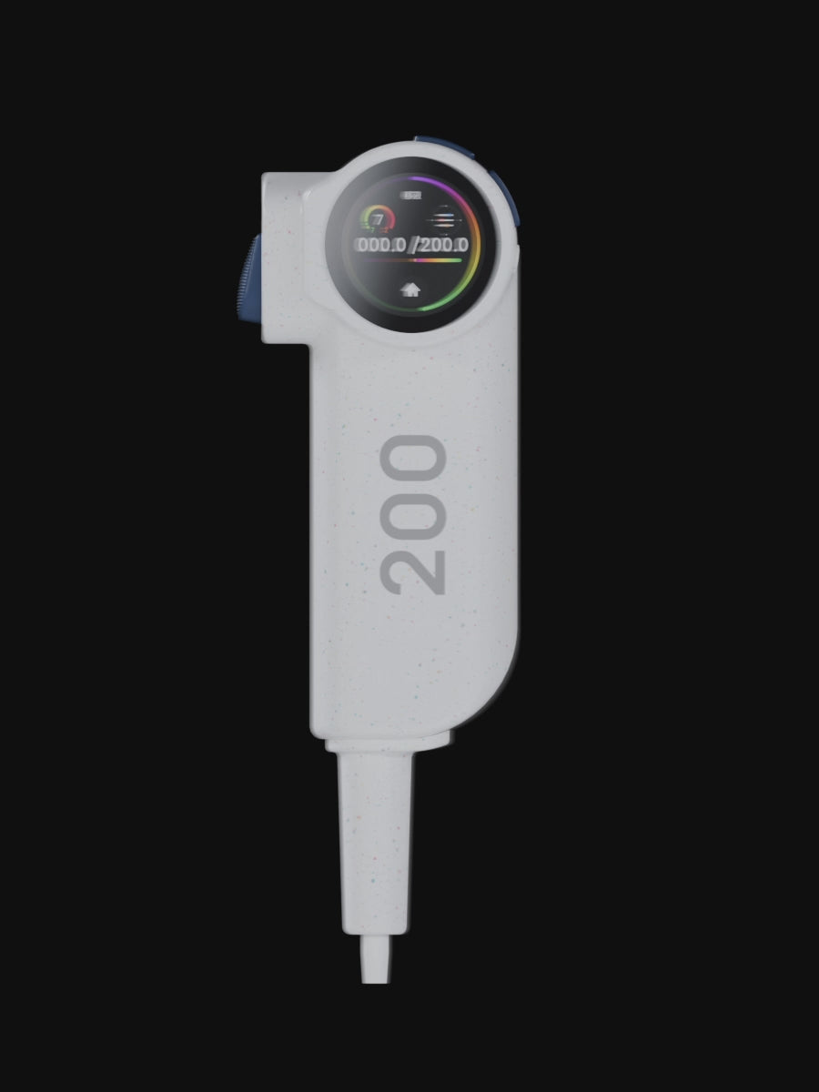 An intelligent single - channel pipette by vecverse, equipped with AI large - model and smart voice assistant. Presented in 360° rotation, 20 - 200μL range. Fits ELISA sample loading, standard solution aliquoting.