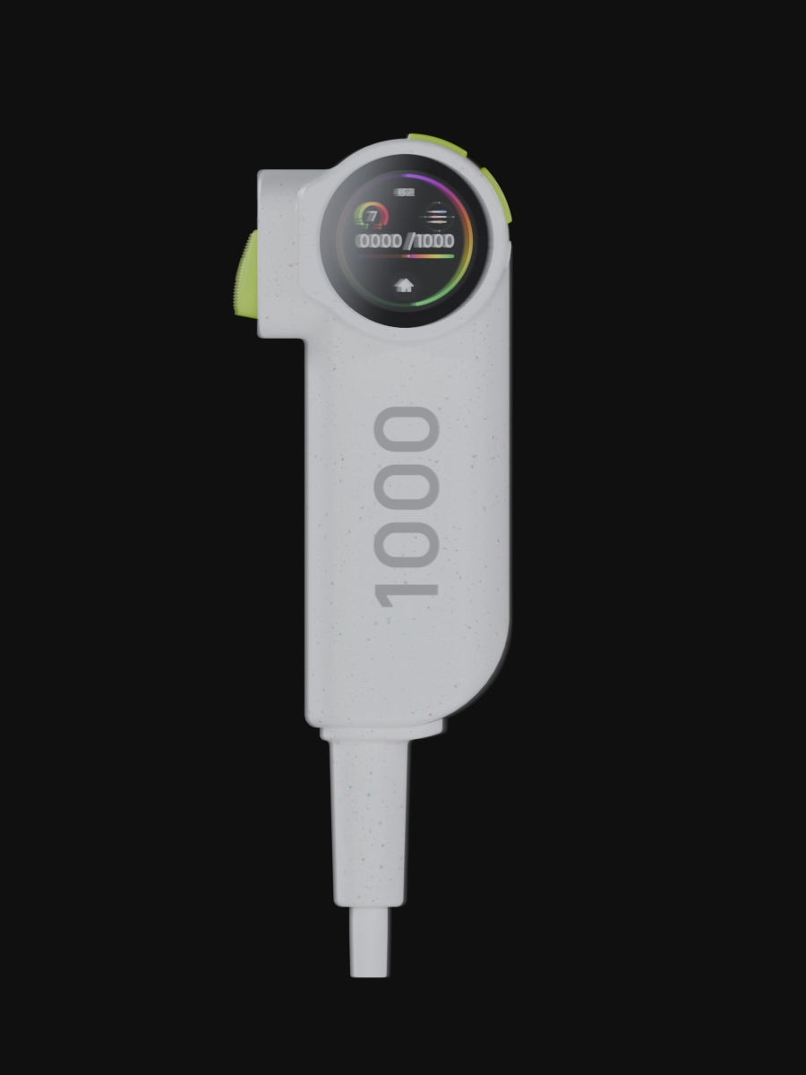 An intelligent single - channel pipette by vecverse, boosted by AI large - model and smart voice assistant. Displayed in 360° rotation, 50 - 1000μL range. Used for bulk reagent transfer, large - volume sample handling.
